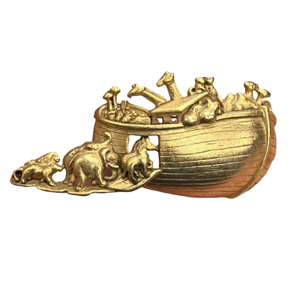 Vintage AJC Signed Noah's Ark 3D Animals Ship Gold Tone Brooch Pin